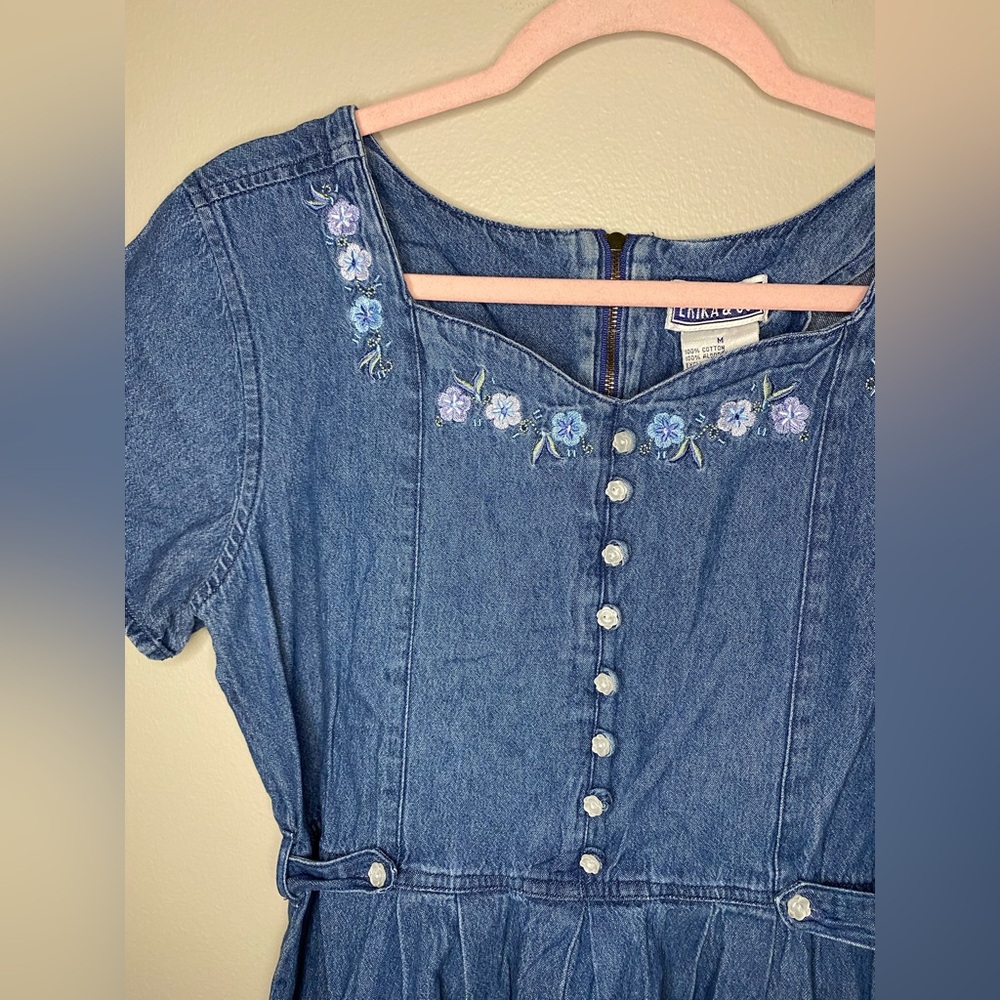 Classy Vintage 90s Floral Embroidered Cottagecore Blue Denim Maxi Tie-Back Dress - Picture 7 of 10